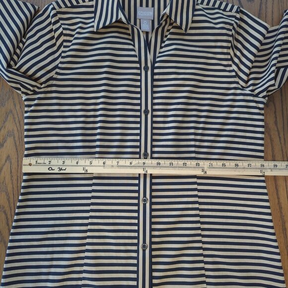 Chicos Blouse Sz 0 Sz 4 Black Tan Stripe Button-Down Shirt long sleeve collared - Picture 10 of 12